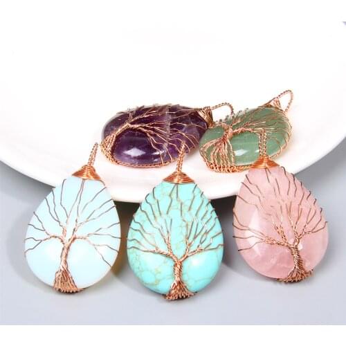 Waterdrop Shape Copper Wire Wrap Tree of Life Pendant Natural Stone Quartz Charms for Jewelry Making DIY Neckalces Accessories