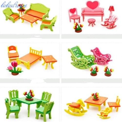 Different type colorful wooden montessori puzzle Mini Furnitrue educational toy 3D puzzle model children gift puzzle montessori