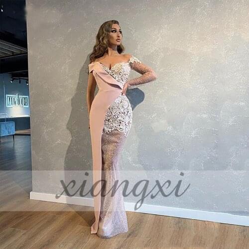 Sexy Mermaid Evening Dress Turkey Pink Robe de Soiree One Shoulder Sequin Lace Prom Gow ns Evening Party Gowns 2020