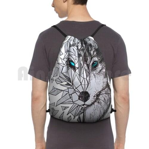 Geometric Wolf Backpack Drawstring Bags Gym Bag Waterproof Cool Pretty Wolf Nature Sketch Lines Blue Fox Hipster Girls
