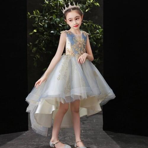 Birthday Party Lace Mesh Stitching Sleeveless Trailing Princess Evening Gown Kids Pageant Catwalk Dress For Girls Vestidos L1090