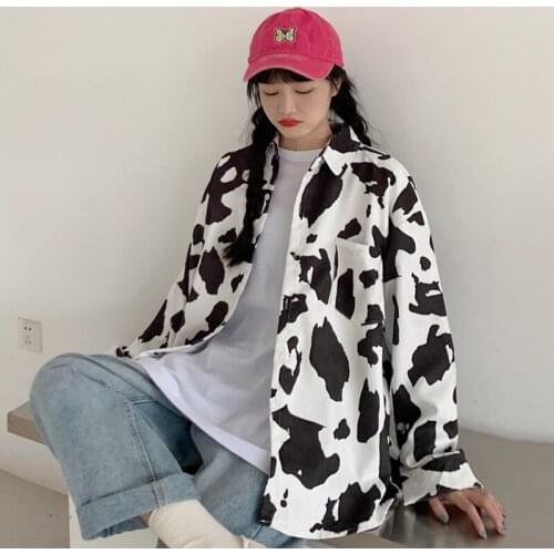 Cow pattern corduroy shirt female autumn Korean loose wild long-sleeved shirt mid-length blouse