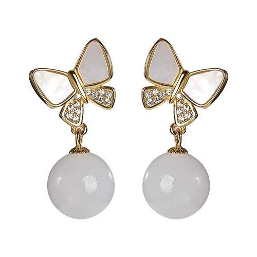 S925 sterling silver gold-plated natural Hetian jade ear studs butterfly round beads earring pendant for ladies earrings