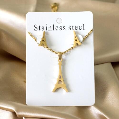 Gold/Silver Color Tower Pendant Necklace and Stud Earrings Set for Women Girl 316L Stainless Steel Jewelry Set Accessories