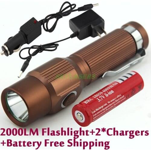 2000LM 3-Modes Rechargeable Mini LED Flashlight Torch With Clip Use 18650 + Battery + Car Charger + AC Charger