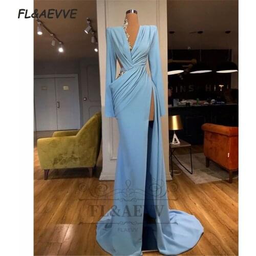 2021 Light Blue Evening Dress Mermaid V Neck Long Sleeves Split Side Lace Up Back Evening Prom Party Gowns