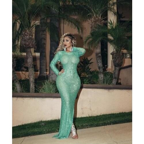 Sparkly Green Rhinestone Transparent Long Dress Birthday Celebrate Outfit Prom Party Wear Women Dancer Dresses