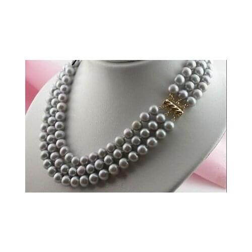 Hot sale 3 ROW AAA 7-8MM tahitian silver gray PEARL NECKLACE gold clasp