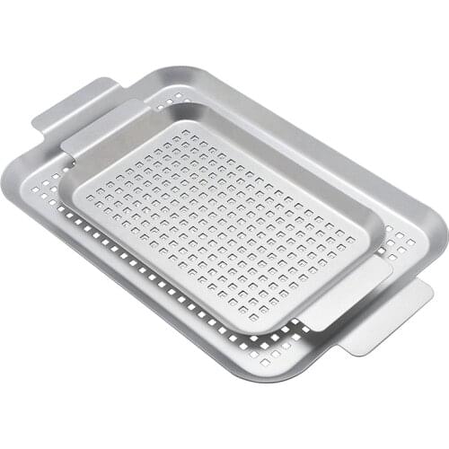 Grill Topper BBQ Grilling Pans,Nonstick Grilling Barbeque Trays With Handle14"x10"Thicken Perforated Barbeque Grill Topper Tools