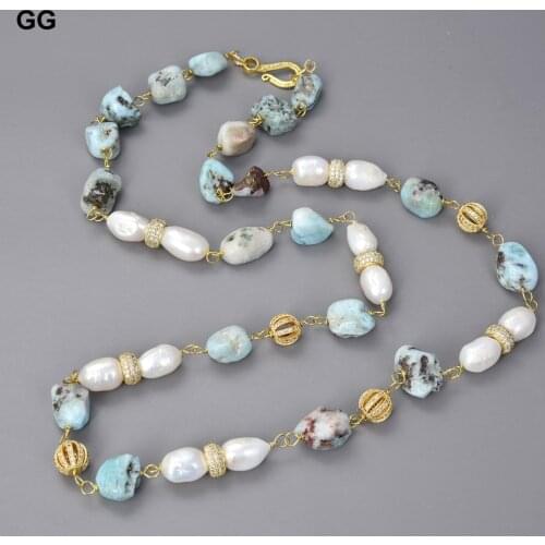 GuaiGuai Jewelry Natural Blue Larimar Nugget Freshwater White Baroque Keshi Pearl Long Necklace 30'' For Women