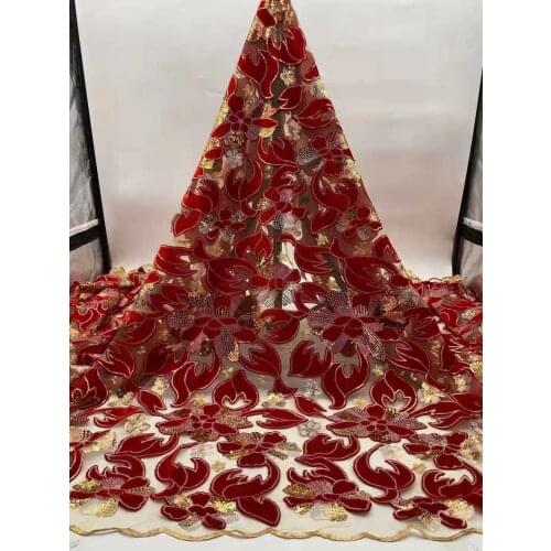 Red Velvet Lace Fabric Embroidery Nigerian African Lace Fabric 2021 High Quality Embroidered Tulle African Sequins Lace