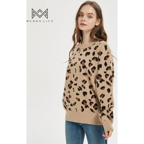 MERRYLIFE Women Knit Sweater Long Sleeve Sweater Crewneck Loose fit Round Collar Pullover Leopard Sweater Warm