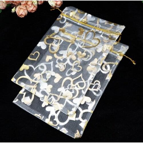100pcs/lot White Organza Bags 20x30cm Heart Design Wedding Cosmetics Candy Jewelry Packaging Bags Big Drawstring Pouch Gift Bag