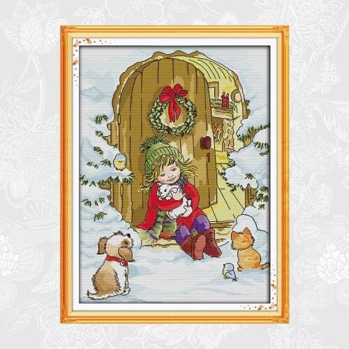 Cross Stitch Pattern Girls and Animals on Christmas Eve Printed Canvas 14CT 11CT DIY Handmade Cross Stitch Kits Embroidery Sets