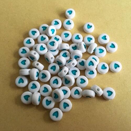 Newest Aqua Sky Blue Heart Printing Acrylic Flat Round Beads 3600PCS 4*7MM Plastic DIY Jewelry Plastic Bracelet Spacer Beads
