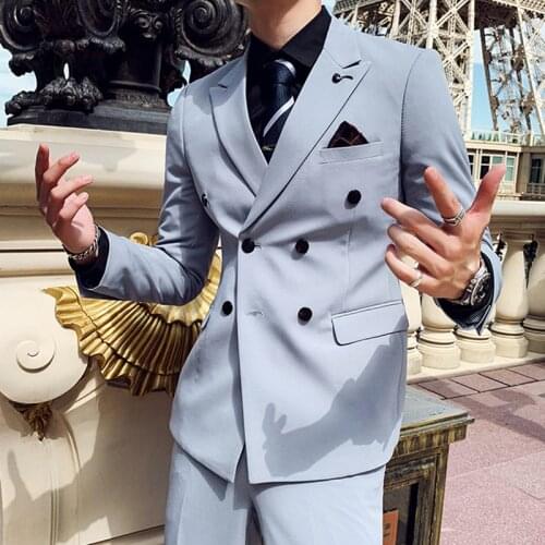 New Fashion Double Breasted Formal Groom For Wedding Beach Party Grey Men Suit Business Casual Costume (Jacket + Vest + Pants)