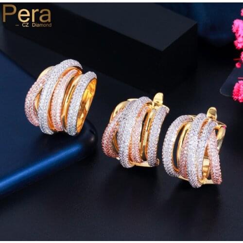 Pera Luxury 3 Tone Gold African CZ Stone Multiple Circles Cross Hoop Earrings and Ring Sets for Women Costume Party Jewelry J435