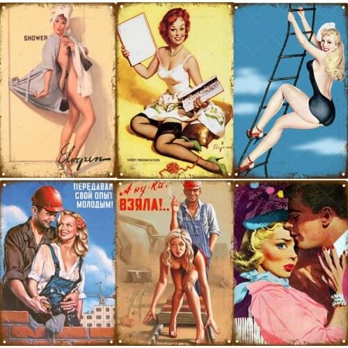 Pin Up Poster Metal Tin Sign Pinup Girl Decor Vintage Car Beach Beauty Girl Art Wall Sticker Bar Room Pub Club Man Cave Plate