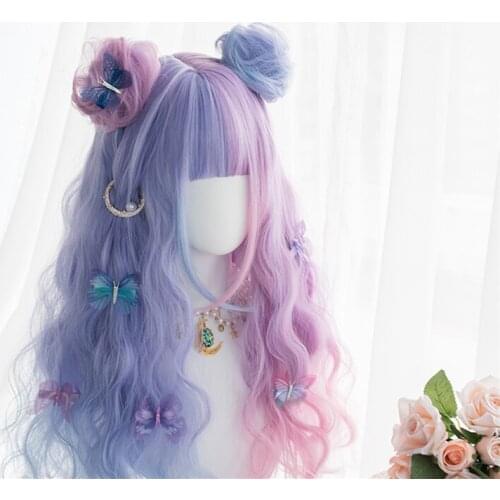 Gradient ramp Purple Pink Curly lolita Cosplay Wig Girl Hairpiece Girl Wavy Curly Hair Periwig 50 cm Wig Hairband accessory