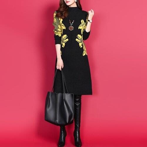 2020 Spring And Winter New Printed Mid-length Stand-up Collar Korean Loose Large Size Waist Knit Turtleneck Sweater Dress Women