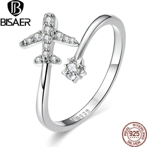 Travel Jewelry BISAER 925 Sterling Silver Hot Sale Travelling Dream Cubic Zircon Plane Adjustable Rings for Women Jewelry ECR623