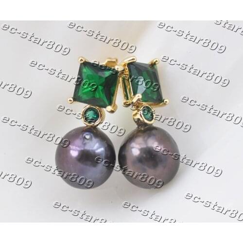 Z11395 13mm Black Round Freshwater Dangle Earring Emerald CZ
