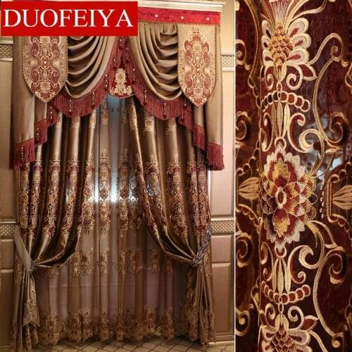 Custom curtain thick luxury shading velvet living room villa yellow red cloth blackout curtain valance tulle panel C241