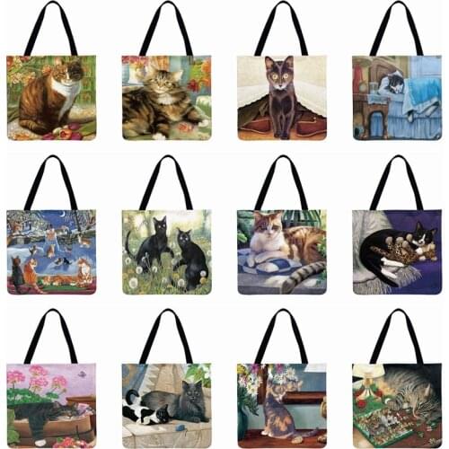 Ladies Shoulder Bag American Pastoral Painting Cat Print Tote Bag For Women Casual Tote Foldable Shopping Bag Outdoor Beach Bag
