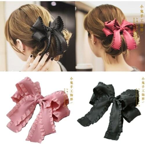 Japanese soft girl handmade hair accessories hairpin black solid color ribbon big bow hairpin tassel big ribbon headgear