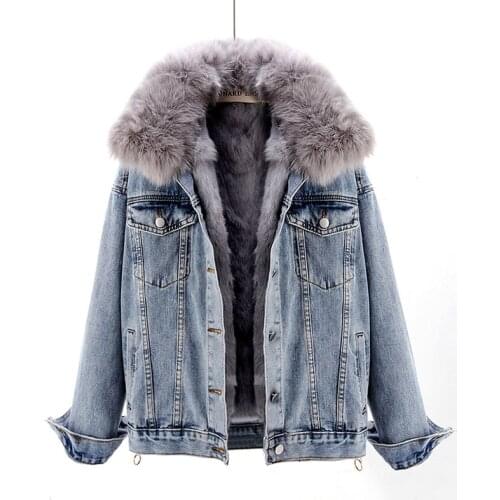 Korean Winter Removable Fox Fur Collar Rex Rabbit Fur Liner Denim Jacket Women Loose Short Thick Warm Jeans Jacket Coat Female