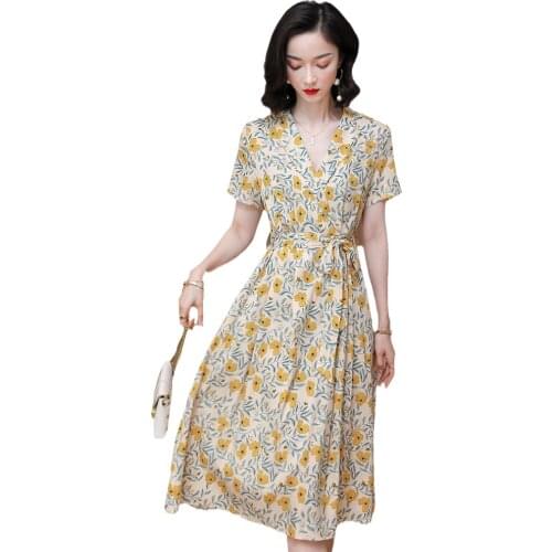 2021 Summer Dress Women Yellow Floral Printed Silk Short Sleeve Turn Down Collar High Street Style Dresses High Quality
