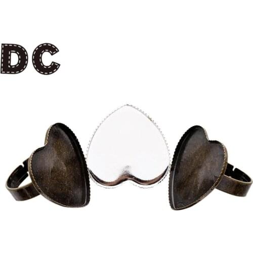 10PCS/lot 25mm Adjustable Heart Blank Ring Holder Cabochon Cameo DIY Ring Base Jewelry Making Silver/Ancient Green