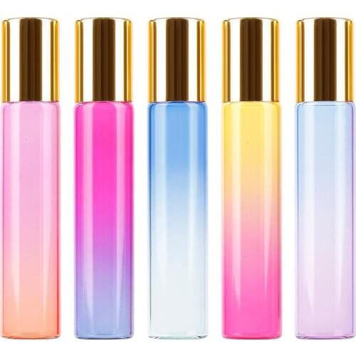 Aihogard 5pcs 10ml Gradient Color Stainless Steel Roller Ball Glass Bottle Portable Travel Container Refillable Empty Bottle