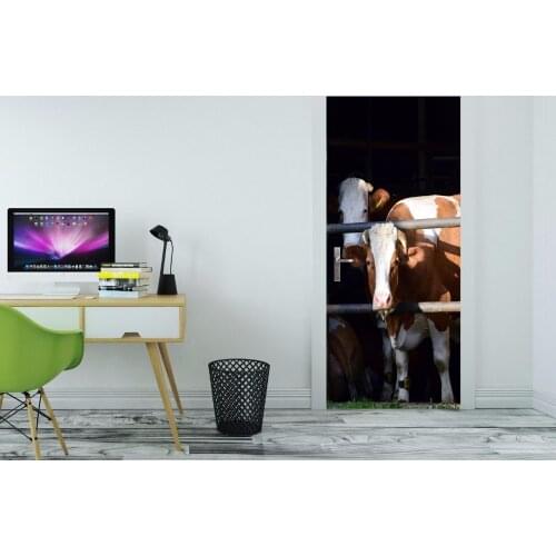 Free Shipping 3D Cows door Mural Wallpaper mural Wall Print Decal Wall Deco Wall Mural Photo self adhesive door wrap