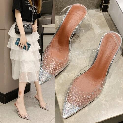 Pointed Sandals Women 2021 Summer Cash Fashion Rhinestone Stiletto Heel Sandals Transparent Baotou