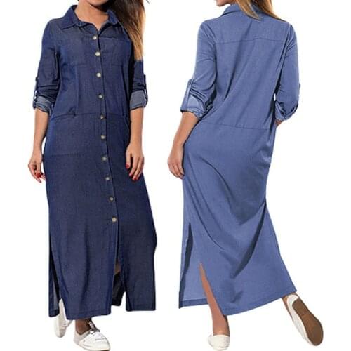Long Dress Long Sleeve Shirt Dress Women Denim Single Breasted Pocket Button Shirt Print Dress Casual Loose Dres Plus Size S-5XL