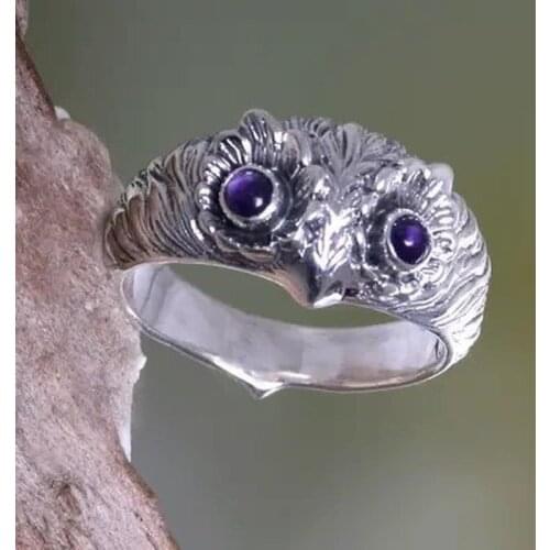 Elegant Thai Silver Color Cute Owl Inlaid Purple Grape Eyes Zircon Animal Ring Men and Women Party Jewelry Gift
