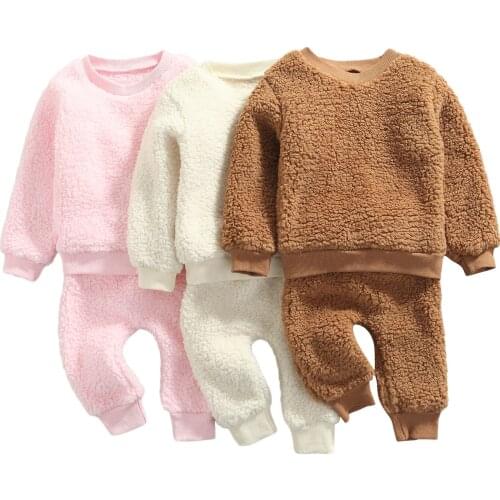 Infant Baby Girls Boys Sweater and Trousers Set Fashion Solid Color Plush Long Sleeve Tops and Long Pants