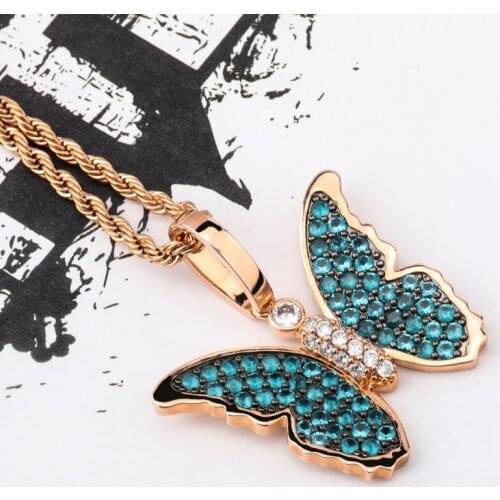 Small butterfly full zircon pendant hipster Hip hop gold plating solid necklace