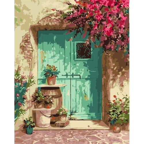 DIY 5D Diamond Painting Kit Blue Door With Flower Full Round With AB Drill Diamond Embroidery Scenery Handicraft Home Decoration