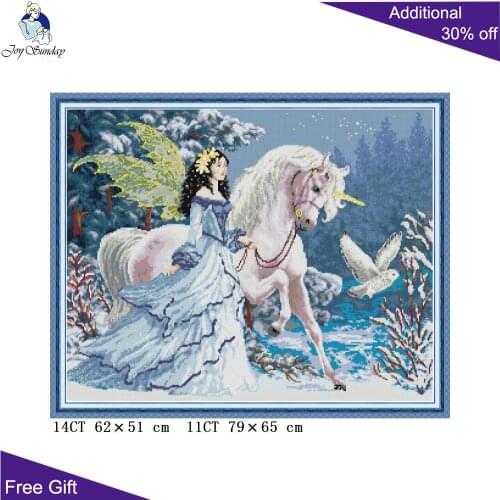 Joy Sunday Elves Riding Unicorns RA320 14CT 11CT Counted and Stamped Home Decor Fairy Embroidery DIY Cross Stitch kits