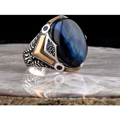 Natural Blue Tigereye Stone 925 Silver Engraved Traditional Ring Handmade Turkish Signet Rings Rock Jewelry Gift for Women Men