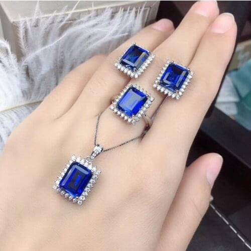 New Arrival Real Natural Sapphire jewelry set Natural Real Sapphire 925 sterling silver 1pc pendant,1pc ring,2pcs Earring