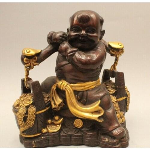 Wholesale factory 9" China Chinese Folk Bronze Gild Wealth Boy Lad Carry Load Cask Statue Sculptur 25% off