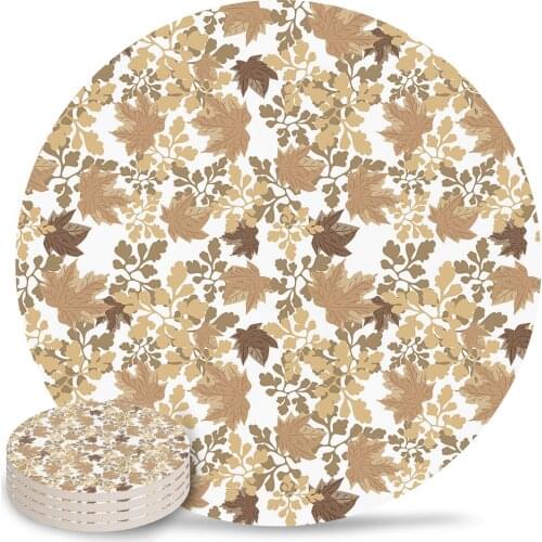 Autumn Retro Maple Leaf Texture Round Coaster Coffee Table Mats Kitchen Accessories Absorbent Ceramic Coasters