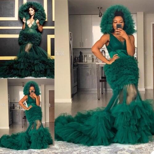 Dark Green Prom Maternity Dress for Photoshoot Tulle Bathrobe Sexy Sheer Full Sleeve Evenin Dress vestido de fiesta abiye kaftan