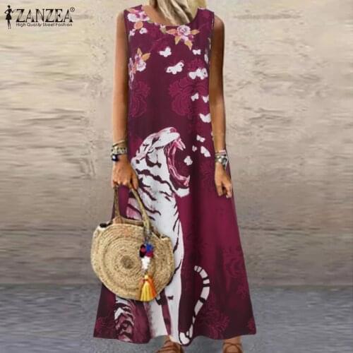 Summer Tiger Printed Beach Dress ZANZEA Women O Neck Sleeveless Floral Sundress Bohemian Party Long Tanks Vestido Robe Femme