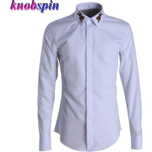 Tiger Embroidery Collar Shirt men 2019 Solid color long sleeve Chemise homme Anti-Wrinkle Cotton Shirts male Camisas masculina
