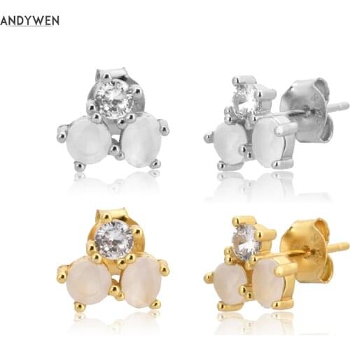 ANDYWEN 925 Sterling Silver Gold Milk Stud Earring 2020 Three Zircon Luxury Jewelry Colorful Rainbow Long Shiny Fashion Jewelry