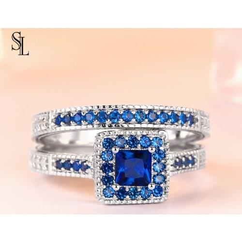 SL 2pc Wedding Ring Set For Women White Blue Zirconia Fine Jewelrys Engagement Av
